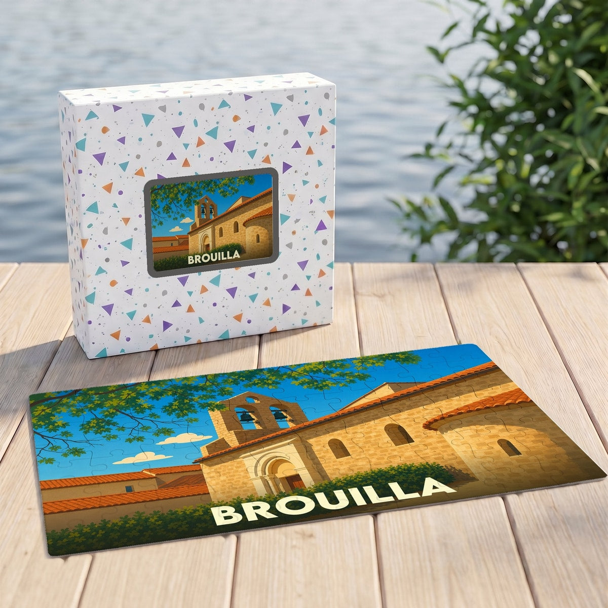 Puzzle souvenir de la ville de Brouilla avec une illustration stylisée de son église.