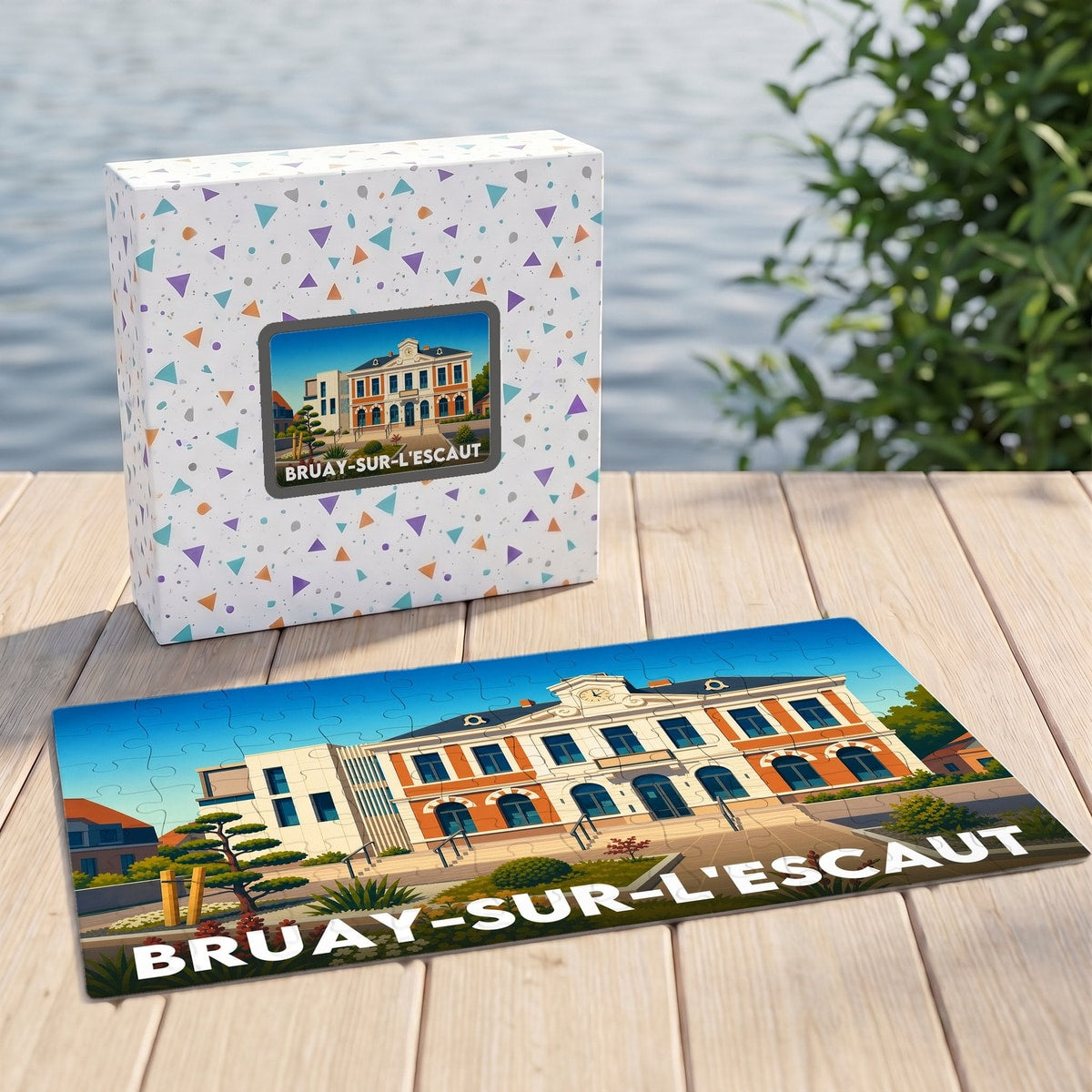 Puzzle souvenir de la ville de Bruay-sur-l'Escaut avec une illustration stylisée de son hôtel de ville.