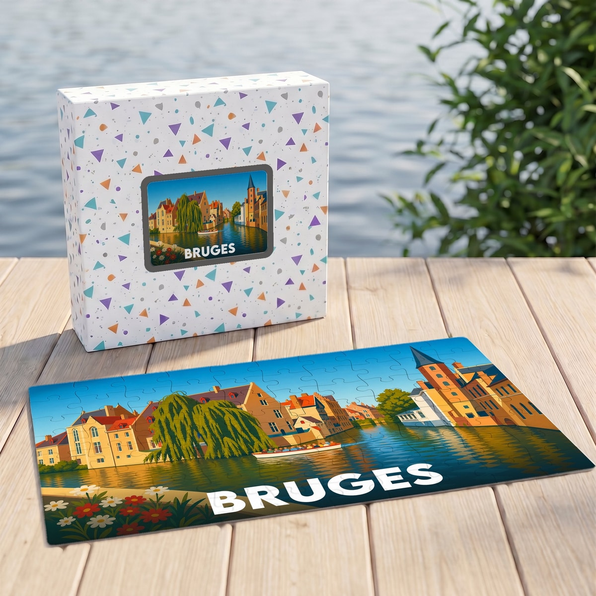 Puzzle souvenir de la ville de Bruges illustrant ses canaux avec un style graphique épuré.