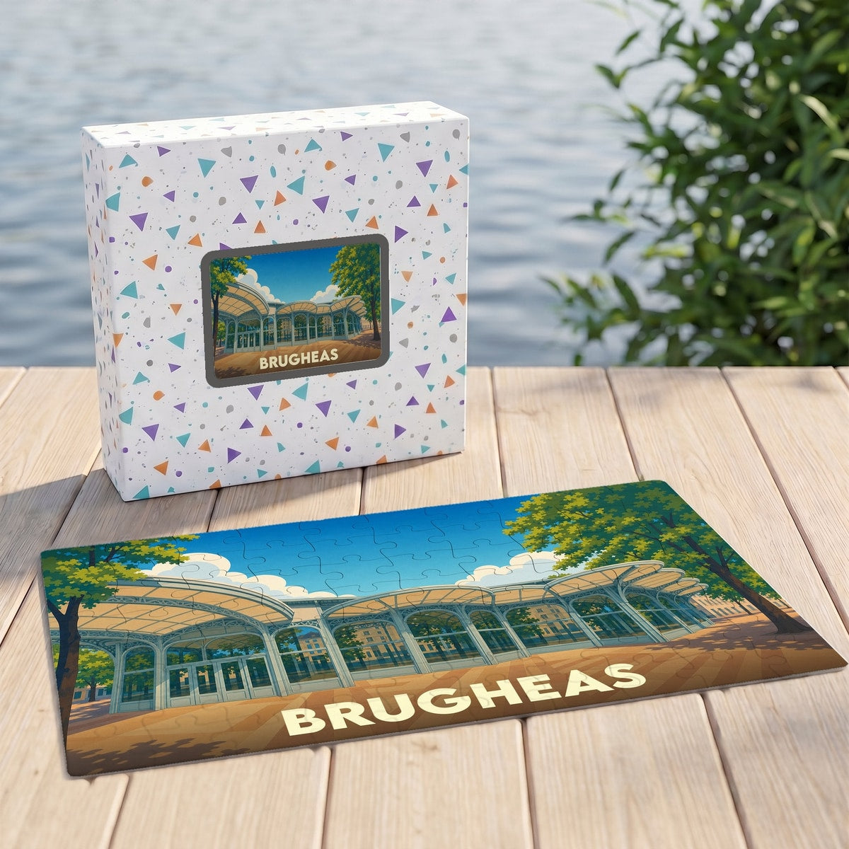 Puzzle souvenir de la ville de Brugheas avec une illustration stylisée.