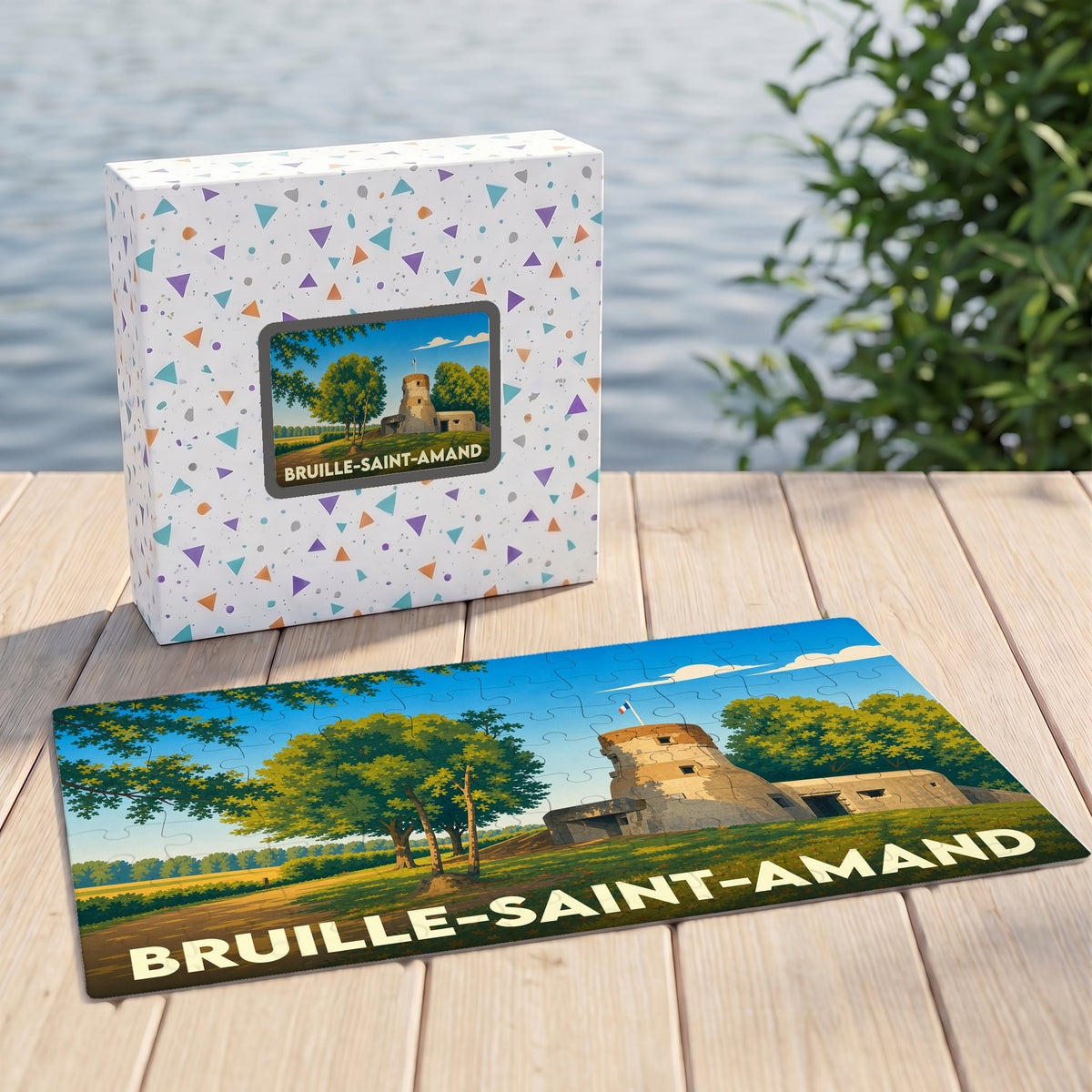 Puzzle souvenir de la ville de Bruille-Saint-Amand avec une illustration stylisée d'un fort.