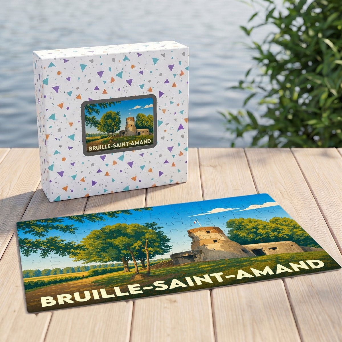 Puzzle souvenir de la ville de Bruille-Saint-Amand avec une illustration stylisée d'un fort.