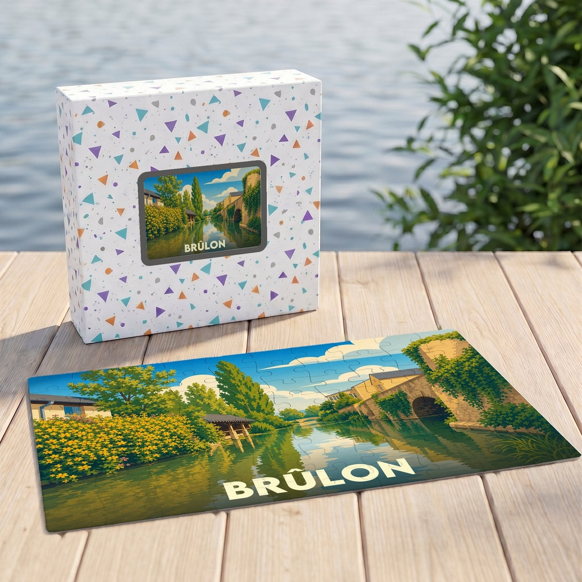 Puzzle souvenir de la ville de Brûlon avec une illustration colorée représentant un canal paisible.