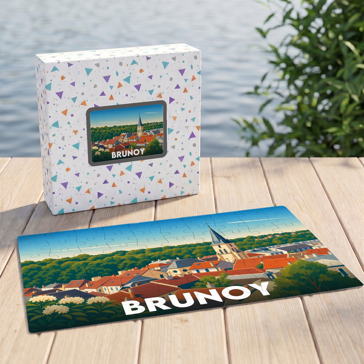 Puzzle souvenir de la ville de Brunoy avec une illustration stylisée de ses toits et de son église.