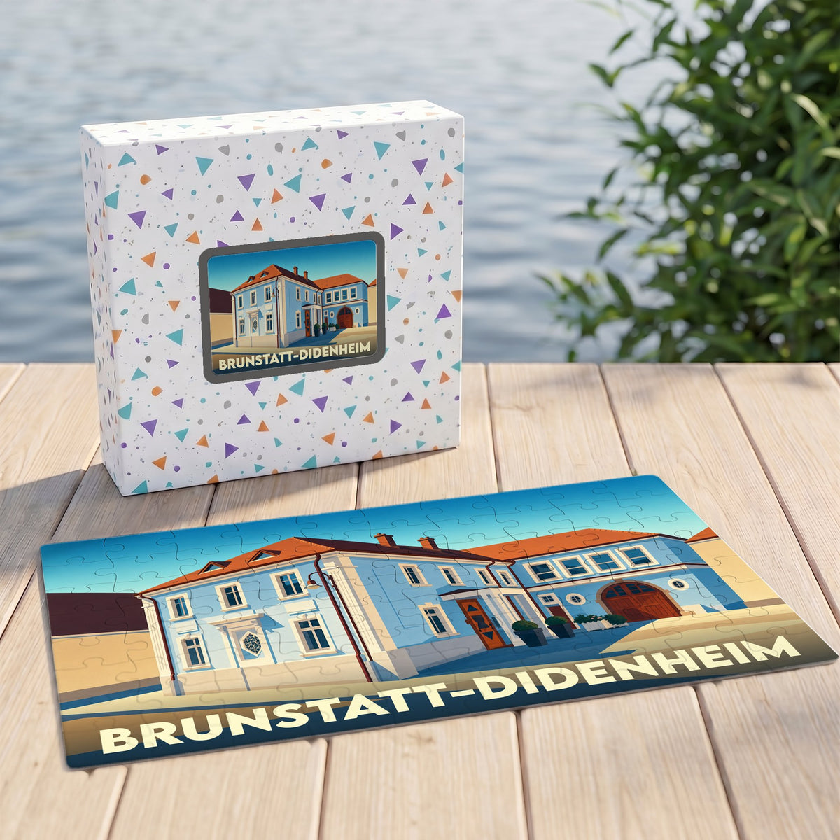 Puzzle souvenir de la ville de Brunstatt-Didenheim avec une illustration stylisée d'un bâtiment bleu.