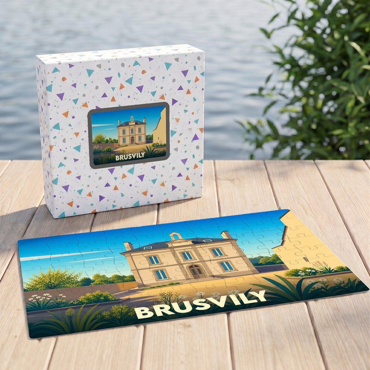 Puzzle souvenir de la ville de Brusvily avec une illustration stylisée de sa mairie.