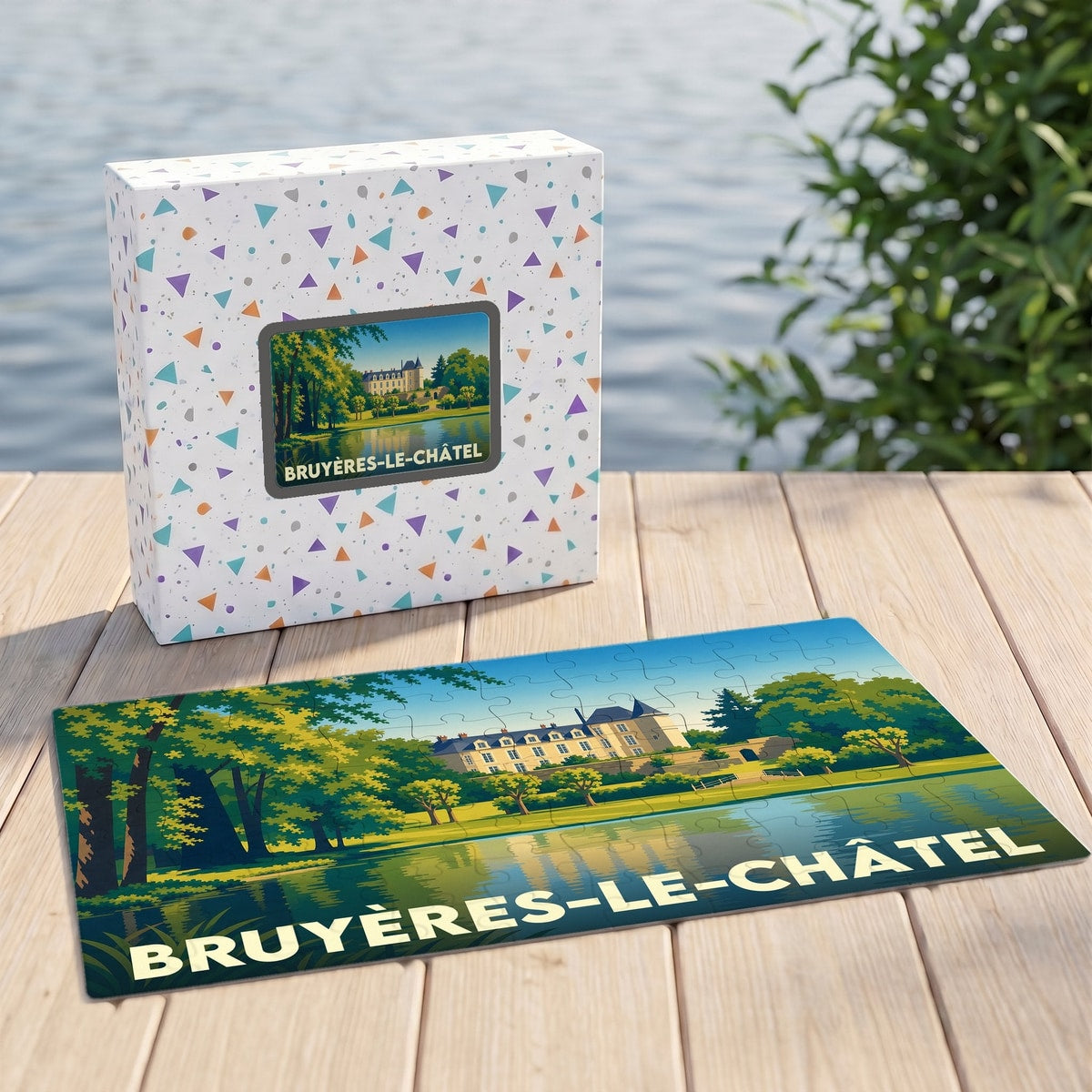 Puzzle souvenir de la ville de Bruyères-le-Châtel avec une illustration stylisée d'un château au bord de l'eau.