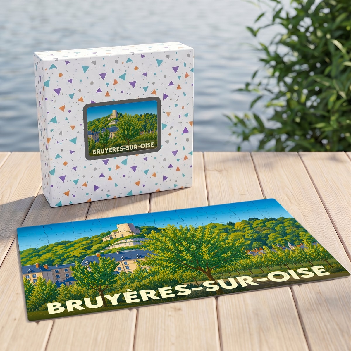 Puzzle souvenir de la ville de Bruyères-sur-Oise avec une illustration stylisée d'un paysage verdoyant et sa boîte assortie.