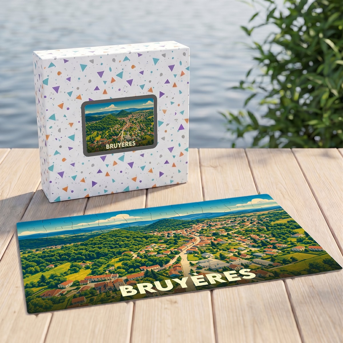 Puzzle souvenir de la ville de Bruyères avec une illustration stylisée d'un paysage urbain et verdoyant.