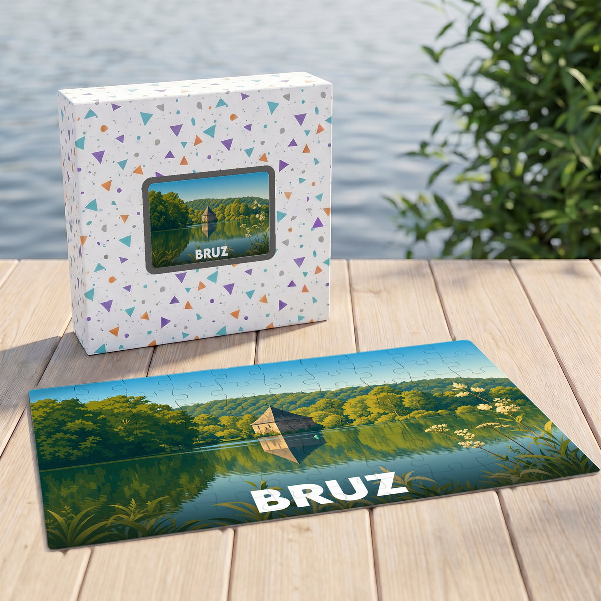 Puzzle souvenir de la ville de Bruz avec une illustration stylisée d'un paysage lacustre.