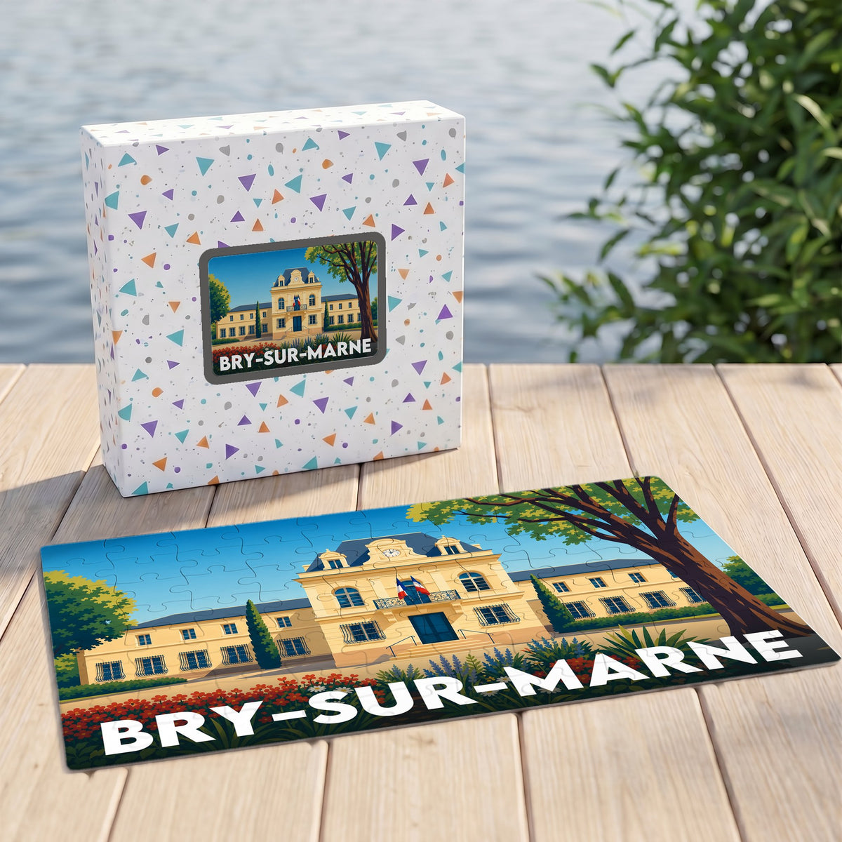Puzzle souvenir de la ville de Bry-sur-Marne avec une illustration stylisée de son hôtel de ville.