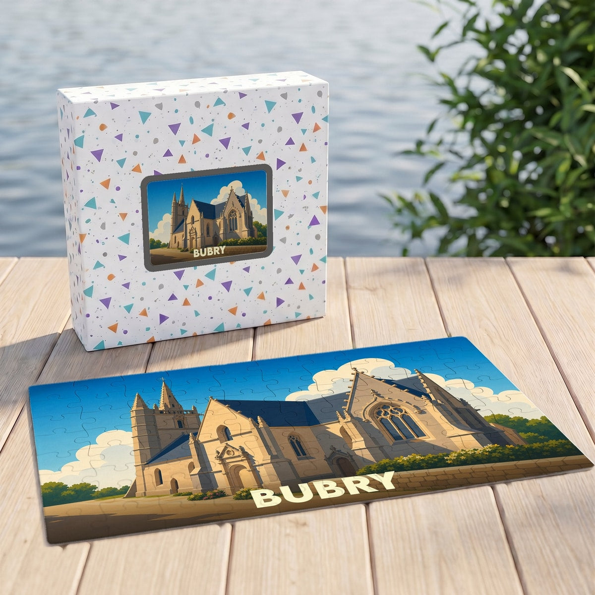 Puzzle souvenir de la ville de Bubry illustré par un dessin stylisé de son église.