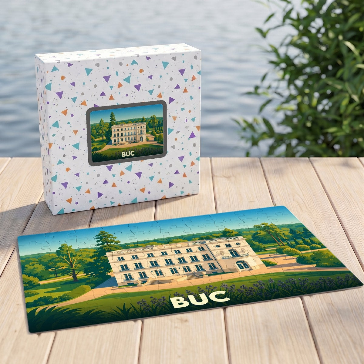 Puzzle souvenir de la ville de Buc avec une illustration stylisée d'un château.