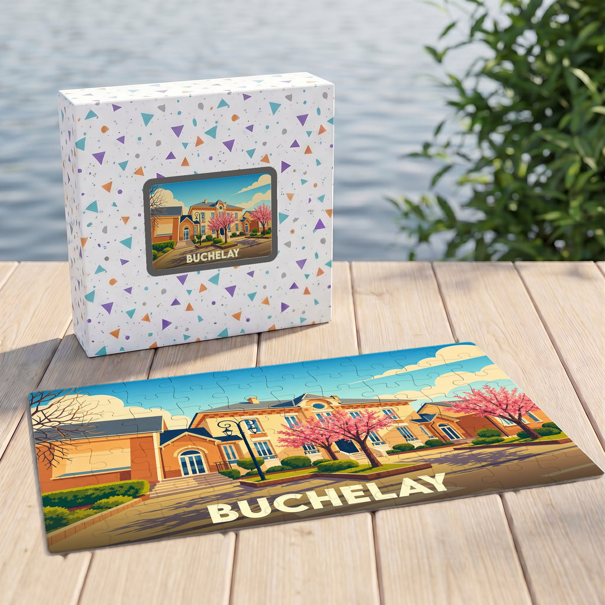 Puzzle souvenir de la ville de Buchelay avec une illustration colorée d'un bâtiment et de cerisiers en fleurs.
