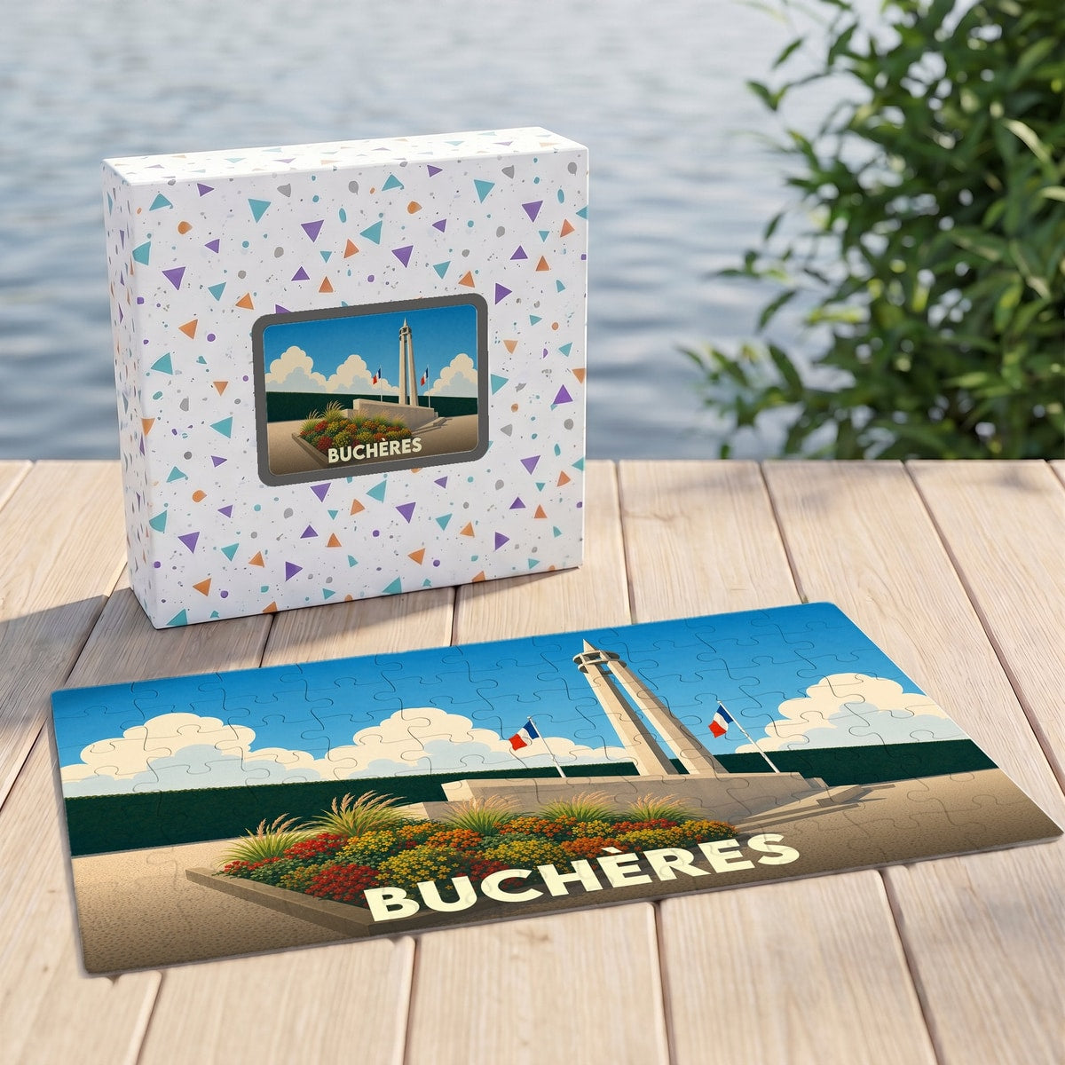Puzzle souvenir de la ville de Buchères illustré d'un monument historique avec des drapeaux français.