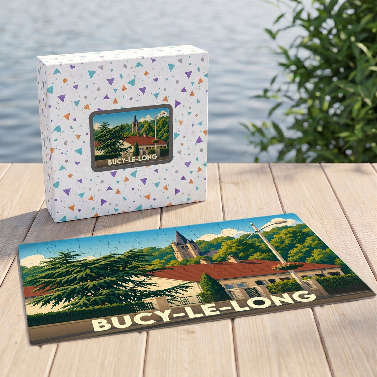 Puzzle souvenir de la ville de Bucy-le-Long avec une illustration stylisée et colorée.