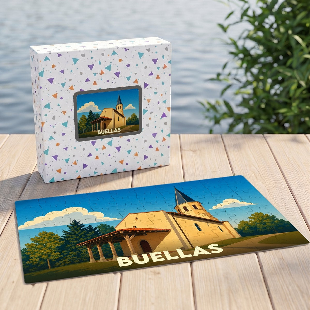 Puzzle souvenir de la ville de Buellas avec une illustration stylisée d'une église sous un ciel bleu.