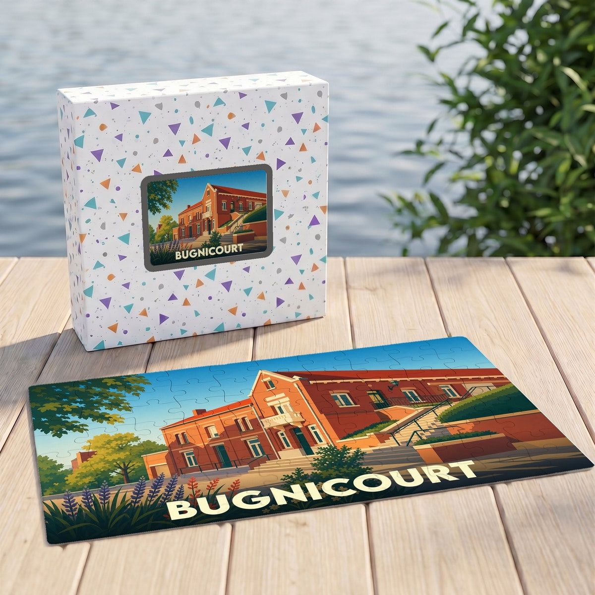 Puzzle souvenir de la ville de Bugnicourt avec une illustration stylisée d'un bâtiment en briques rouges.