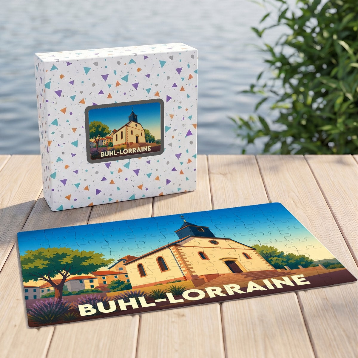Puzzle souvenir de la ville de Buhl-Lorraine avec une illustration stylisée d'une église locale.
