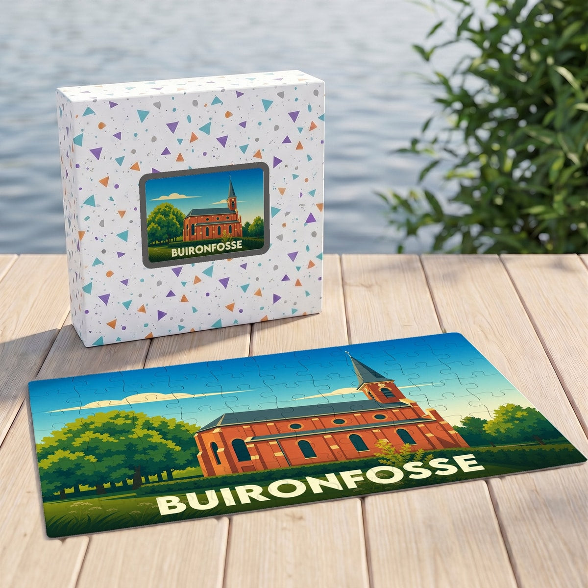 Puzzle souvenir de la ville de Buironfosse illustré par un dessin stylisé de son église.
