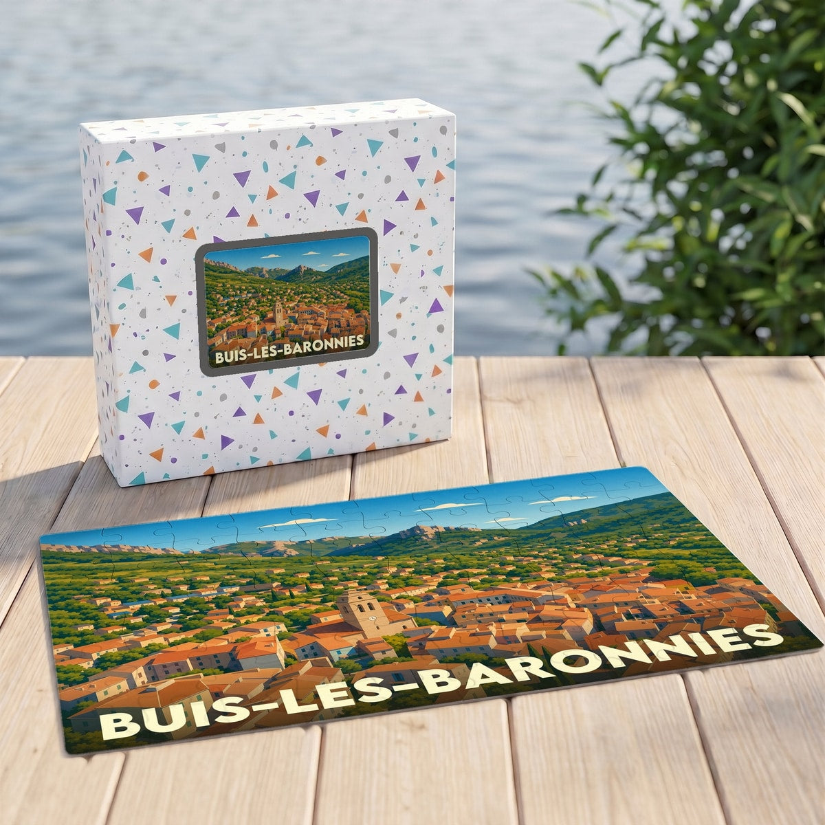 Puzzle souvenir de la ville de Buis-les-Baronnies avec une illustration stylisée et colorée.