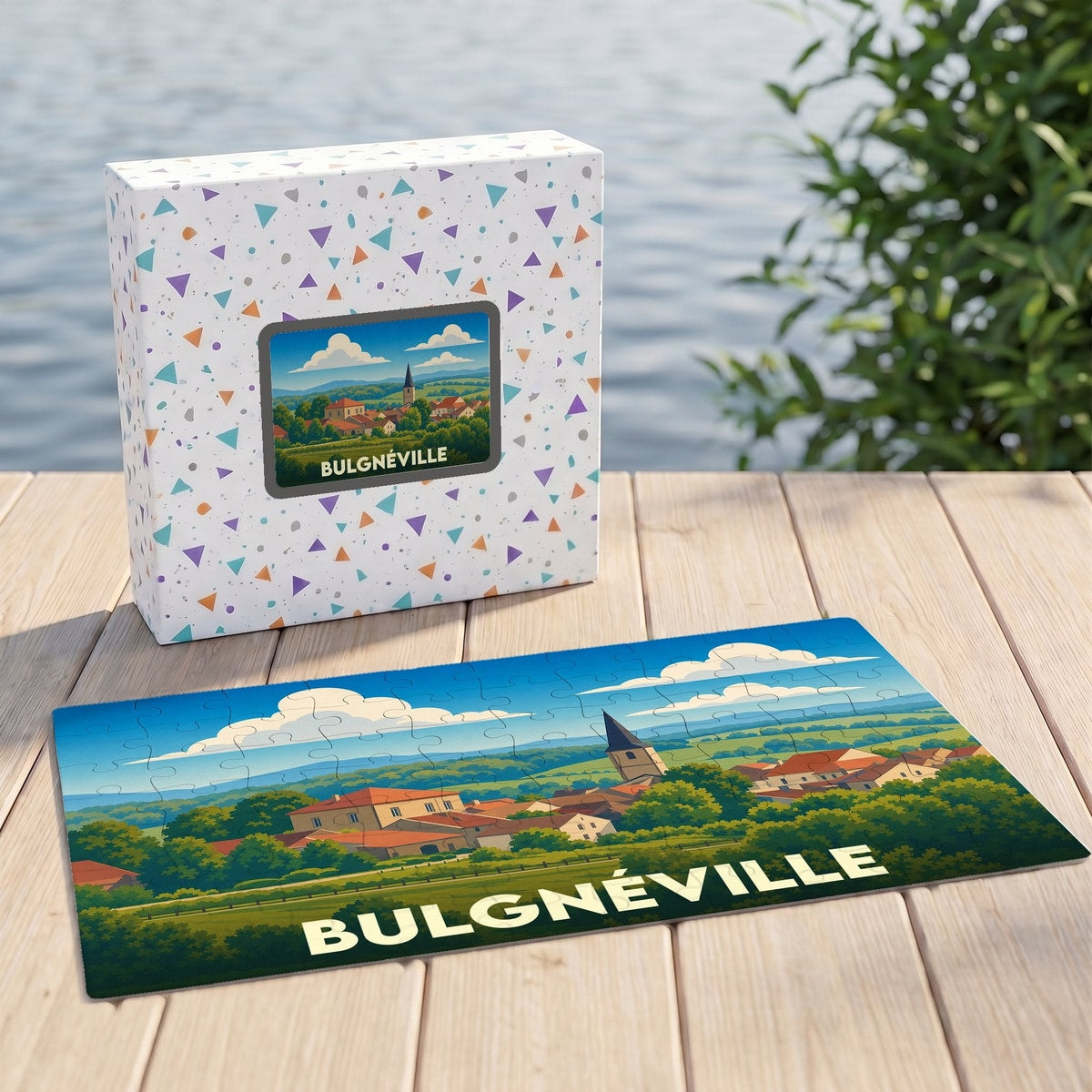 Puzzle souvenir de la ville de Bulgnéville avec une illustration stylisée de son paysage urbain et verdoyant.