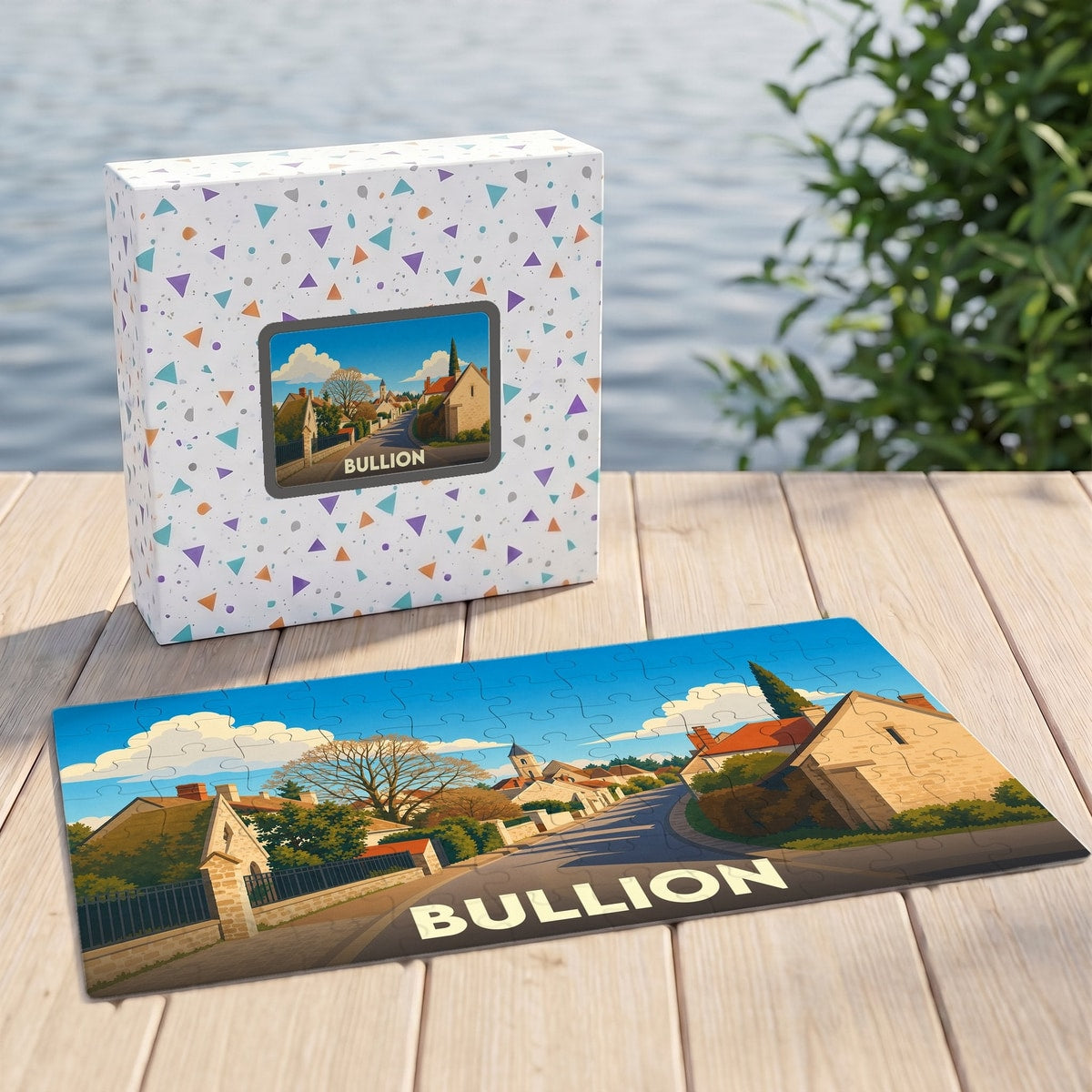 Puzzle souvenir de la ville de Bullion représentant une rue de village illustrée dans un style graphique.