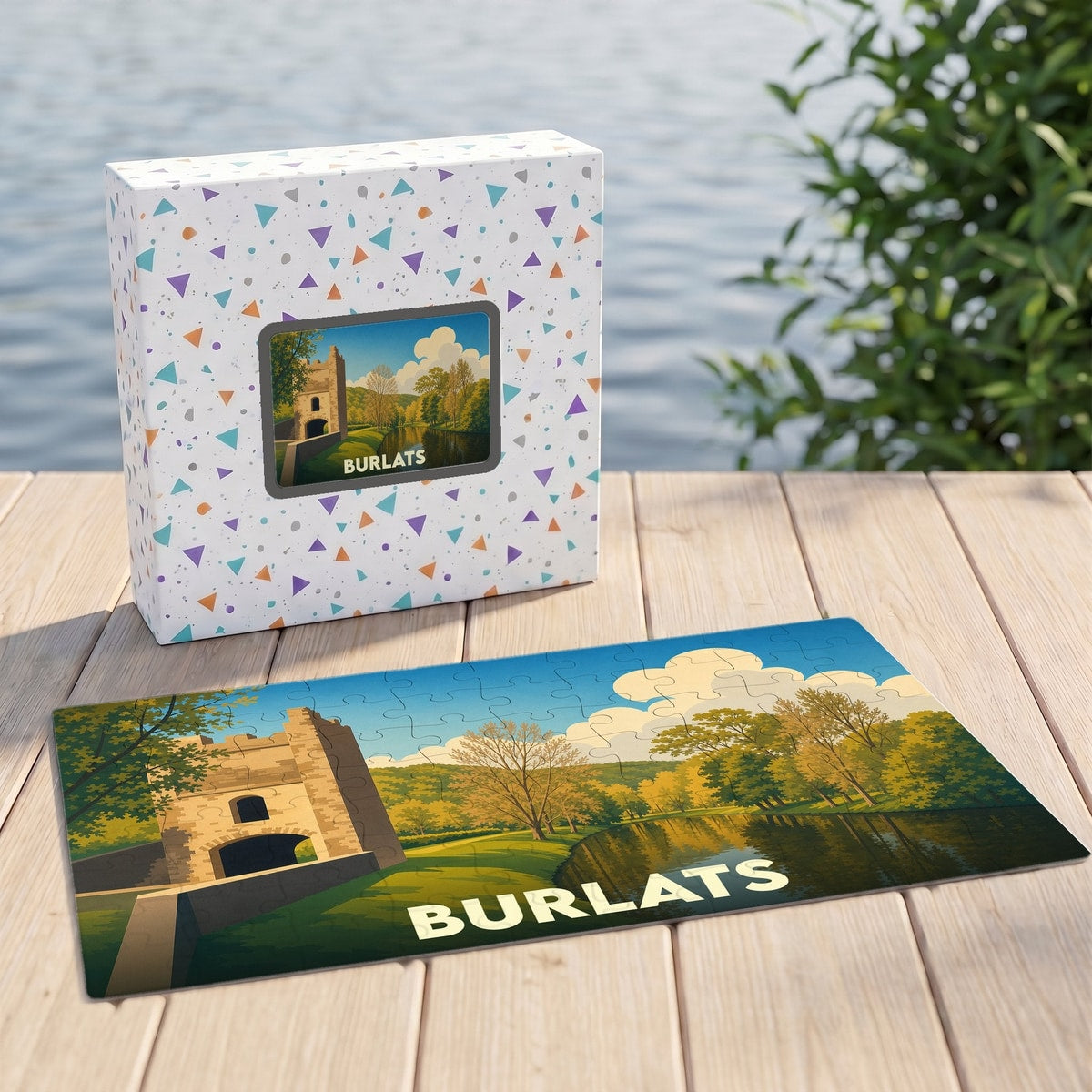 Puzzle souvenir de la ville de Burlats illustré par un paysage stylisé au bord de l'eau.