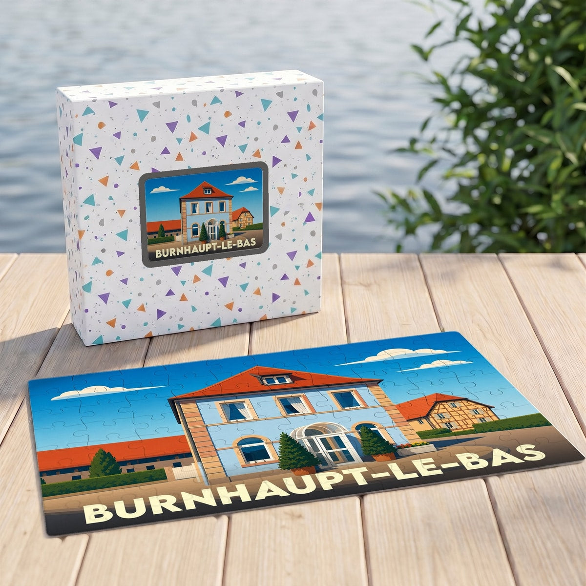 Puzzle souvenir de la ville de Burnhaupt-le-Bas avec une illustration stylisée.