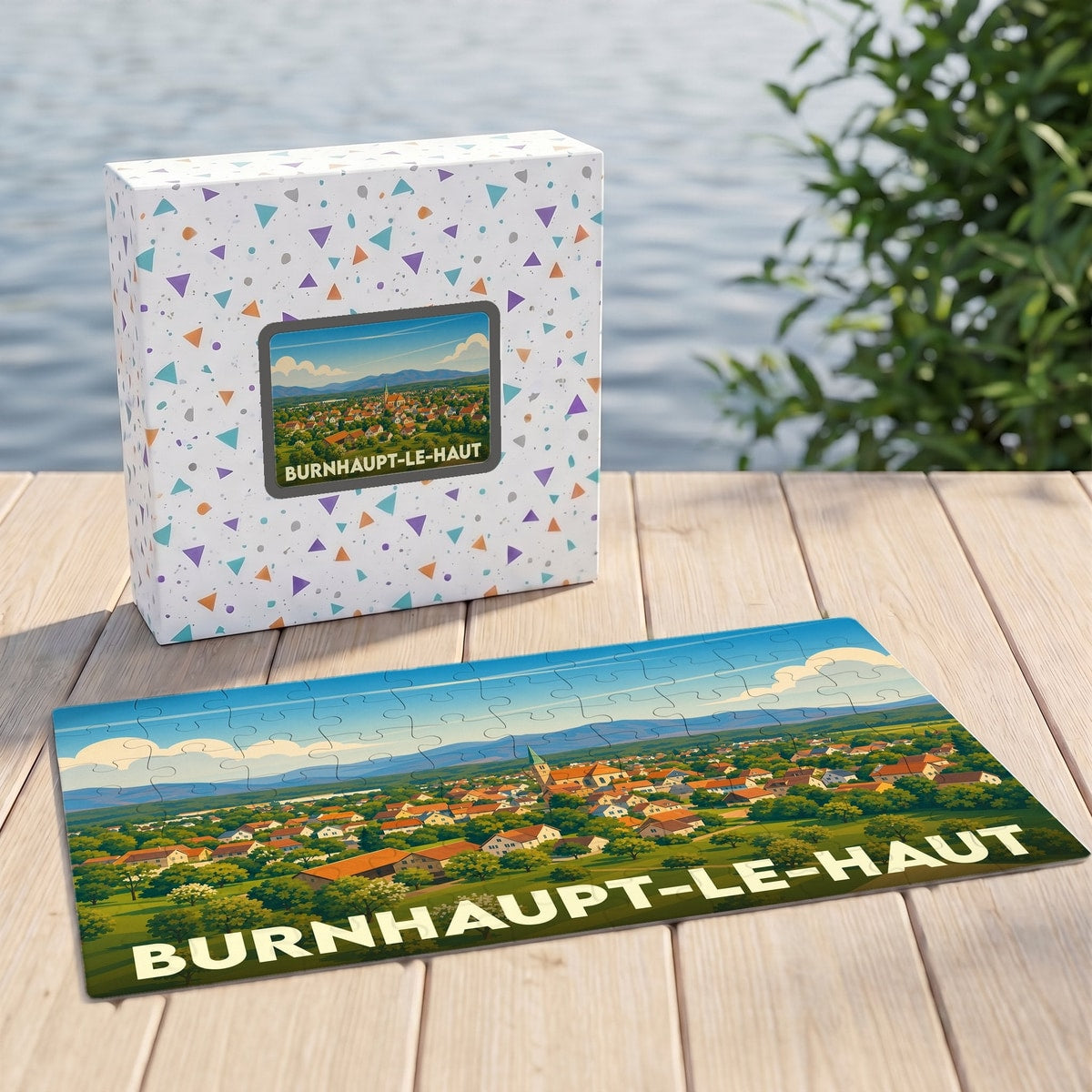 Puzzle souvenir de la ville de Burnhaupt-le-Haut avec une illustration de paysage champêtre.