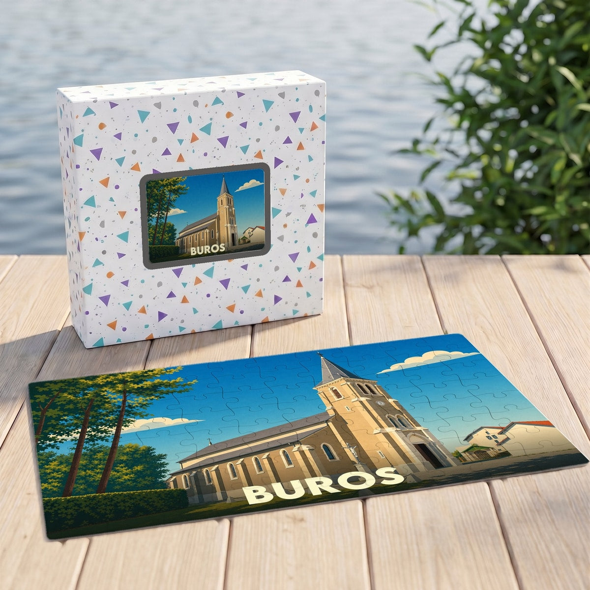 Puzzle souvenir de la ville de Buros avec une illustration stylisée de son église.