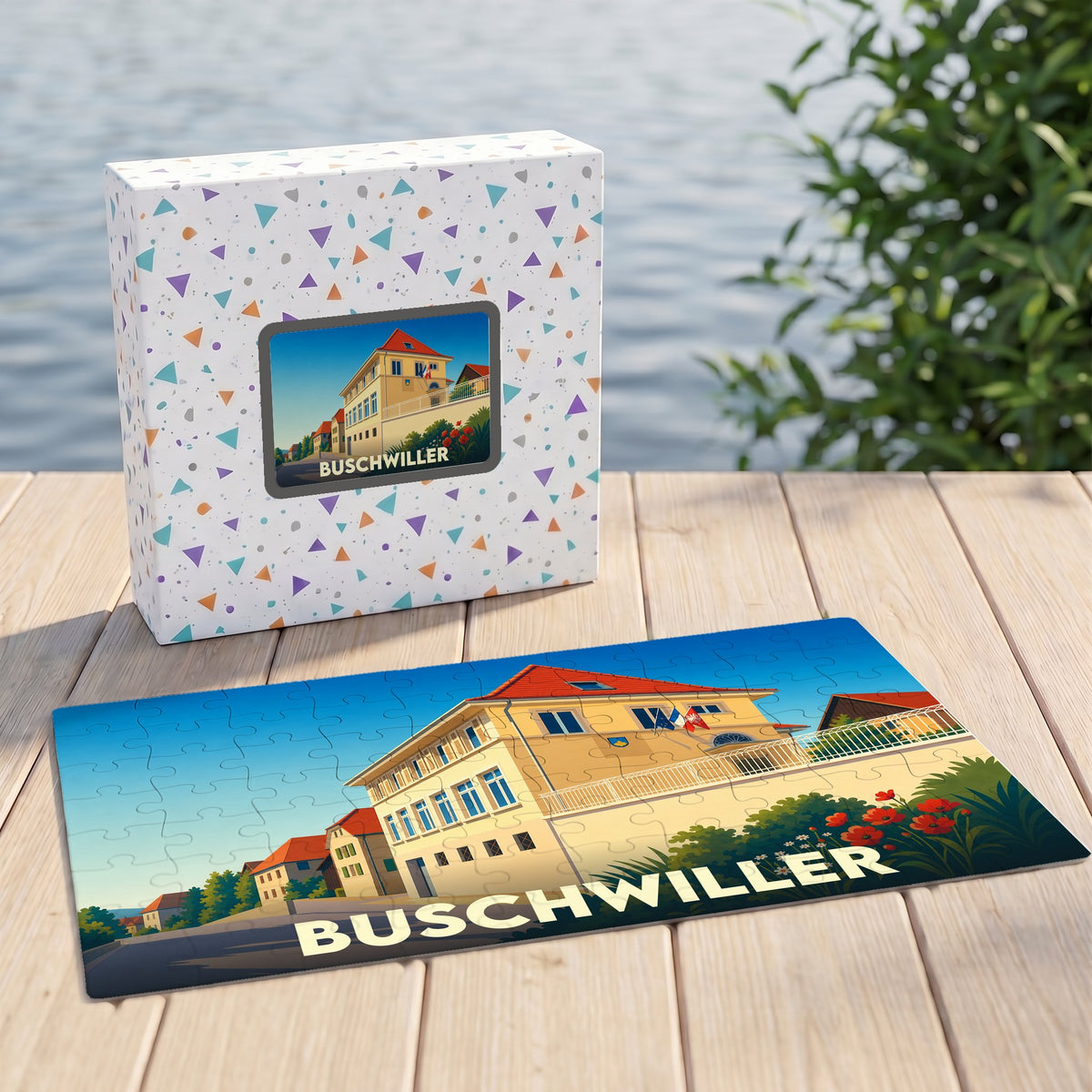 Puzzle souvenir de la ville de Buschwiller avec une illustration stylisée d'un bâtiment emblématique.