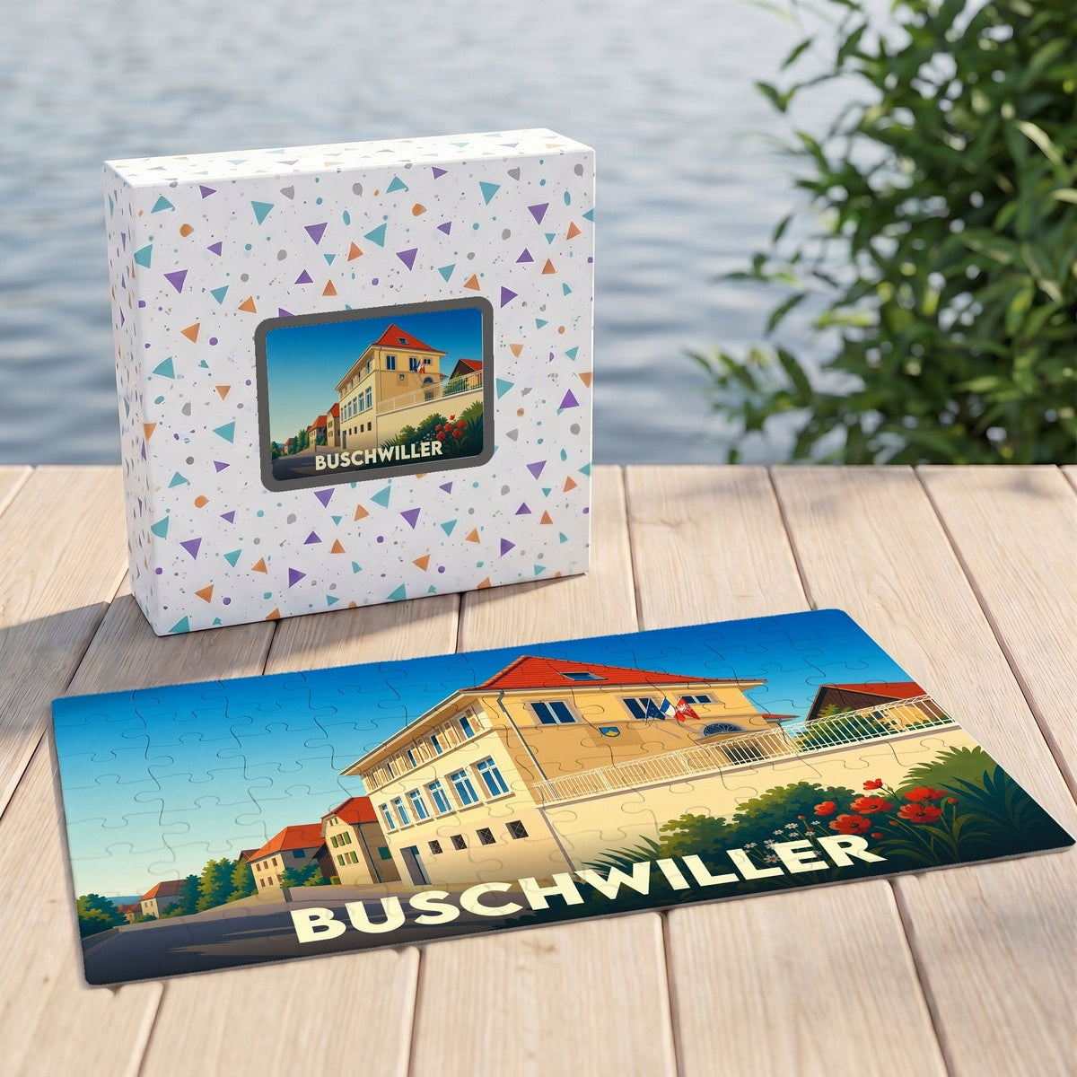 Puzzle souvenir de la ville de Buschwiller avec une illustration stylisée d'un bâtiment emblématique.