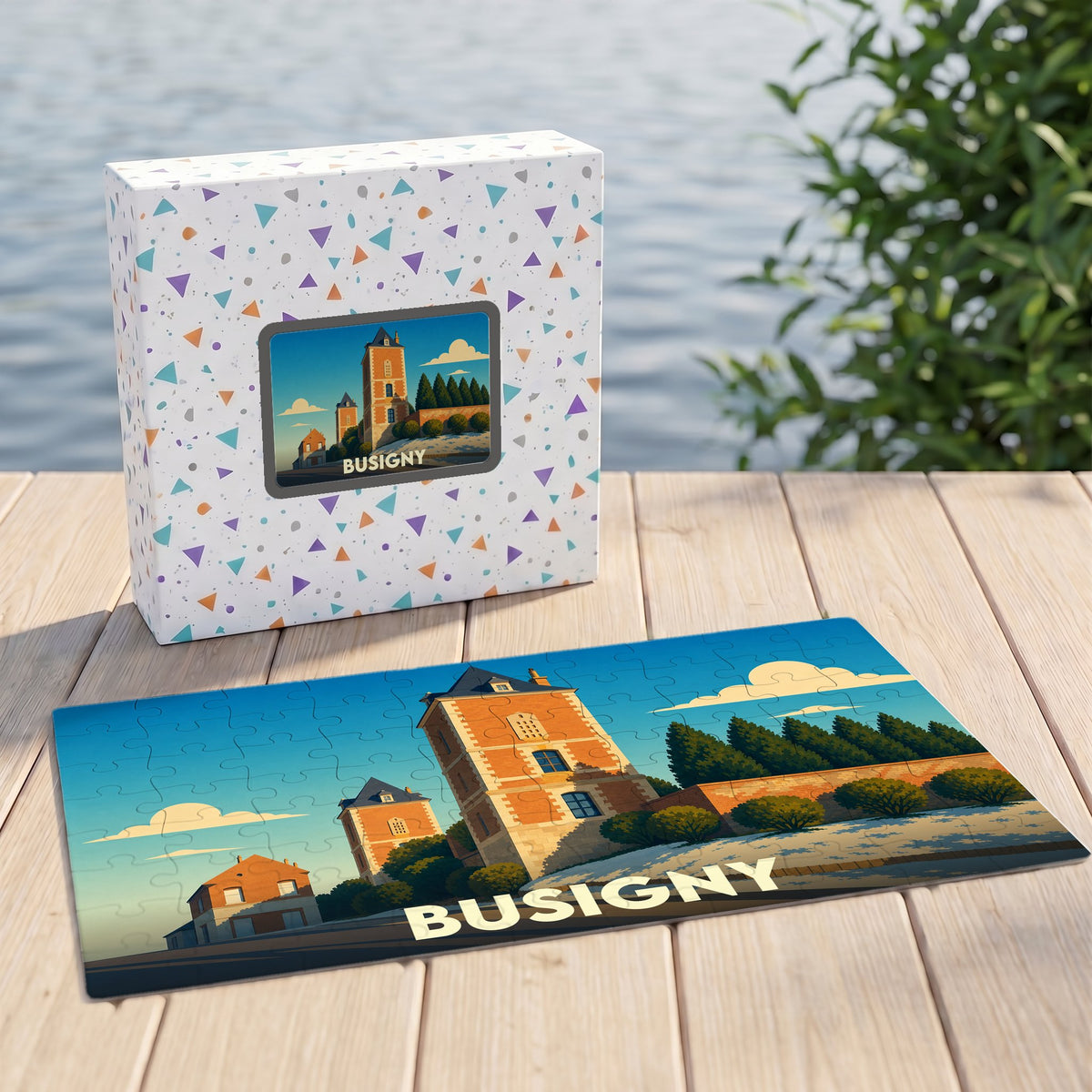 Puzzle souvenir de la ville de Busigny avec une illustration stylisée d'un château.