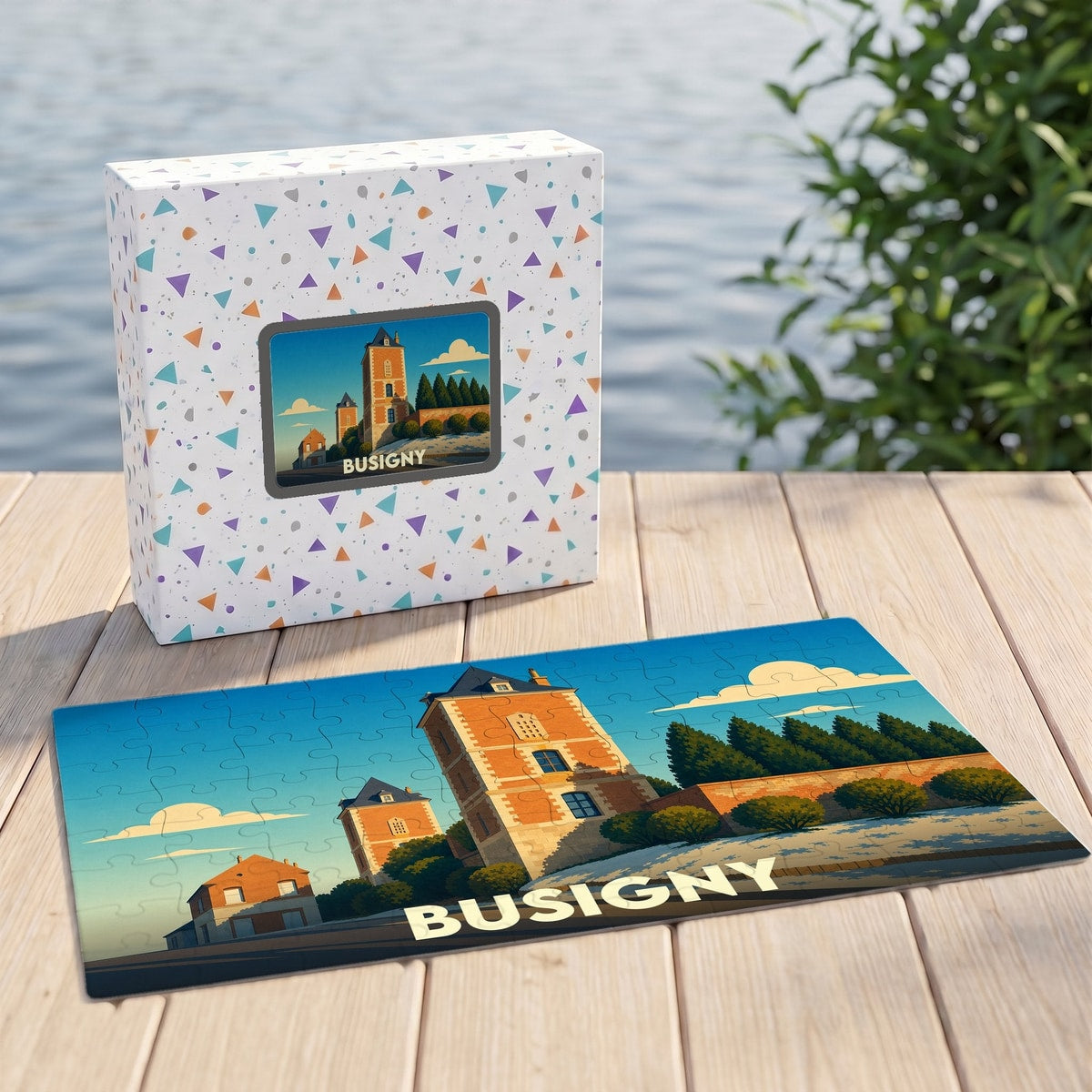 Puzzle souvenir de la ville de Busigny avec une illustration stylisée d'un château.