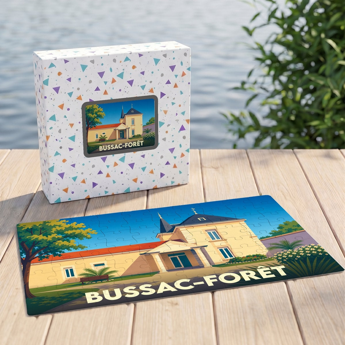 Puzzle souvenir de la ville de Bussac-Forêt avec son carton d'emballage illustré.