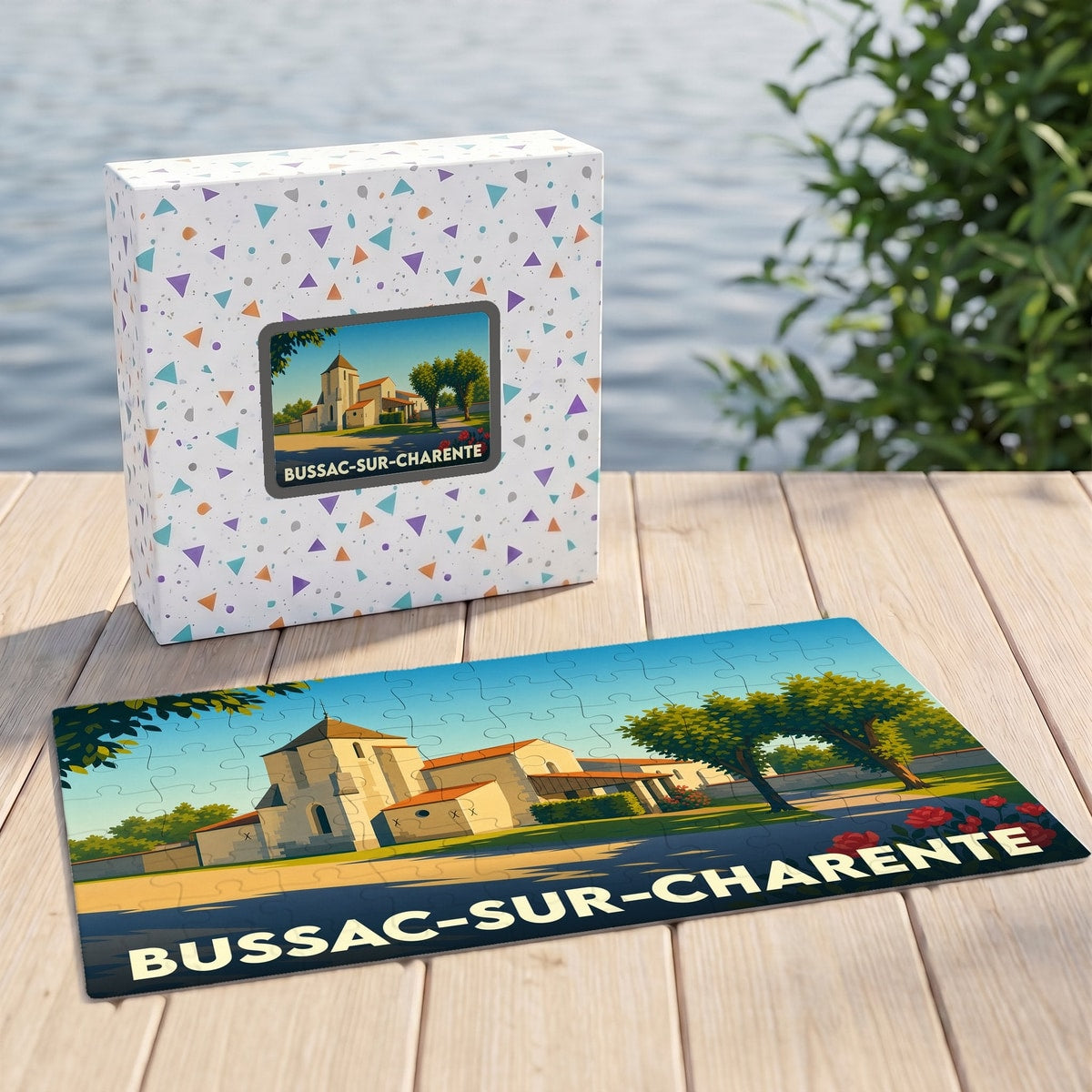 Puzzle souvenir de la ville de Bussac-sur-Charente avec une illustration stylisée de son église et de son paysage.