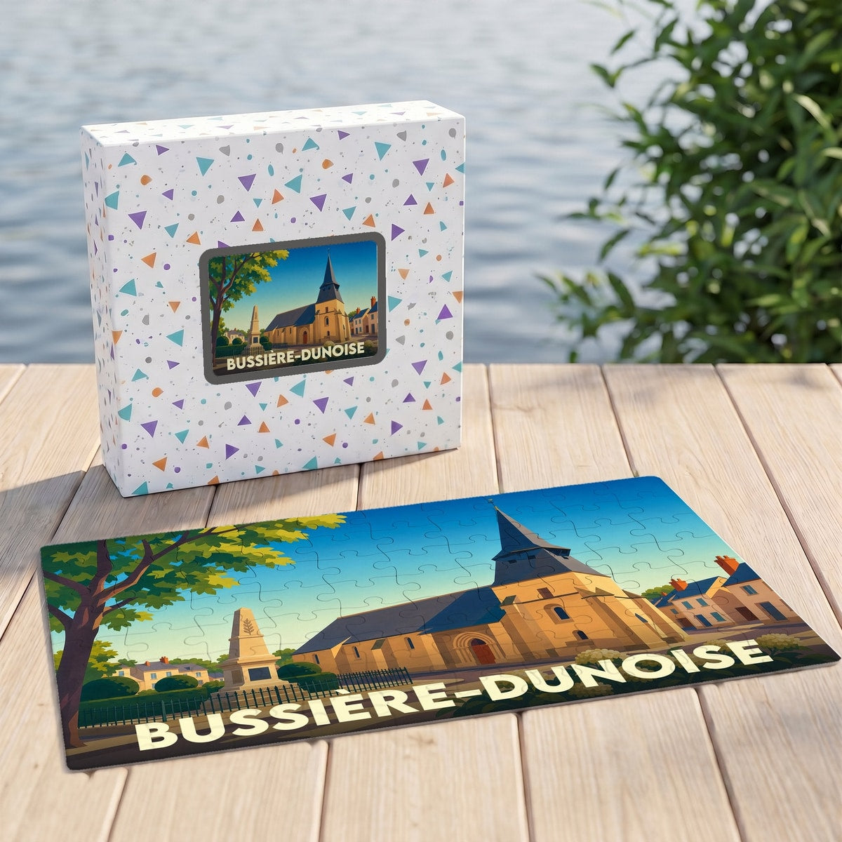 Puzzle souvenir de la commune de Bussière-Dunoise avec une illustration stylisée de son église et de son monument.