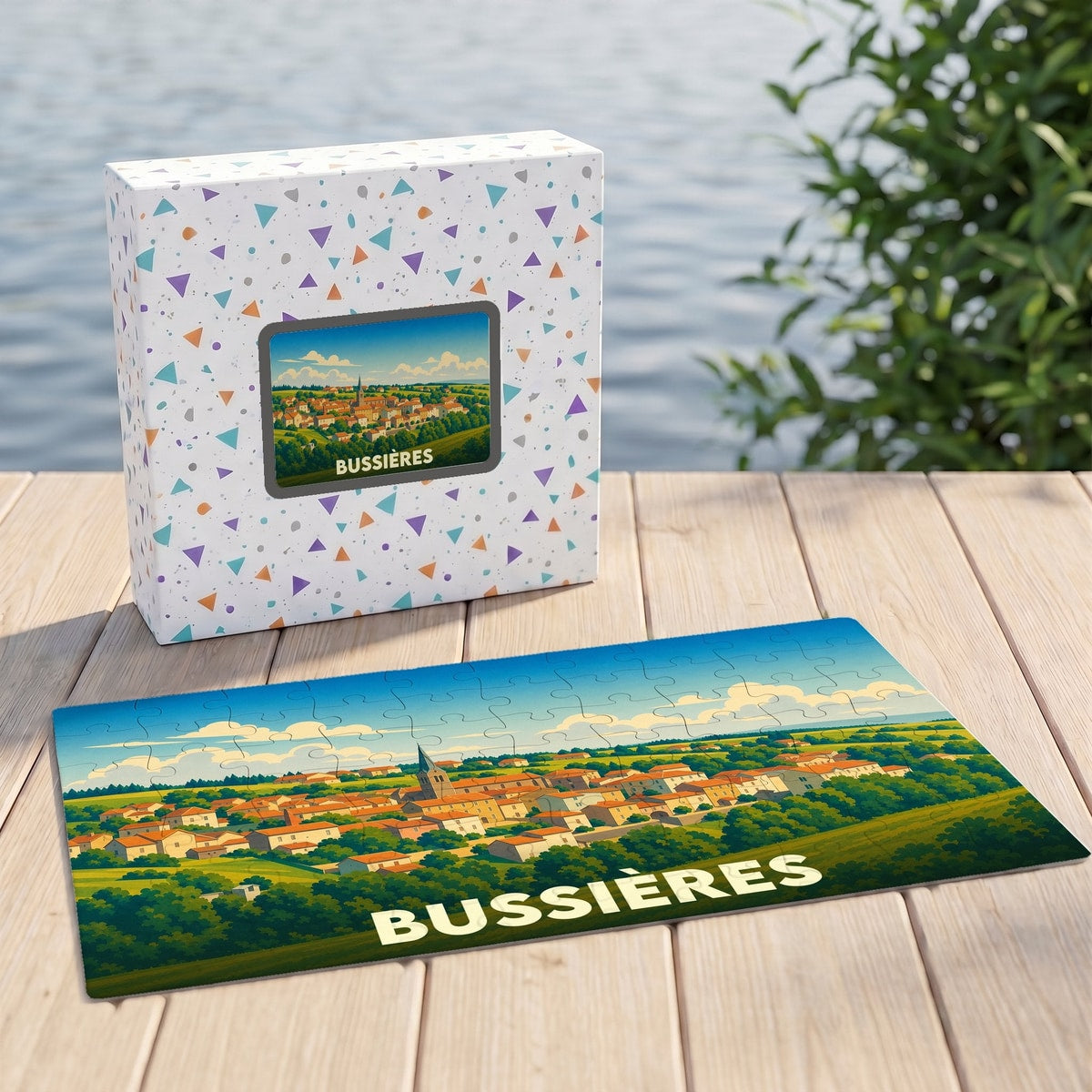 Puzzle souvenir de la ville de Bussières avec une illustration panoramique stylisée.