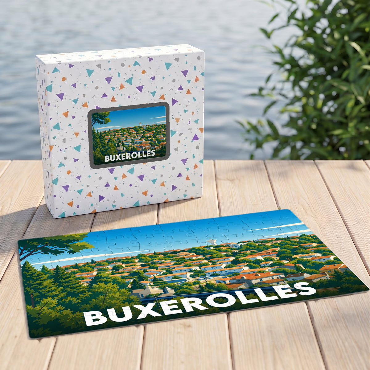 Puzzle souvenir de la ville de Buxerolles représentant une vue panoramique illustrée.