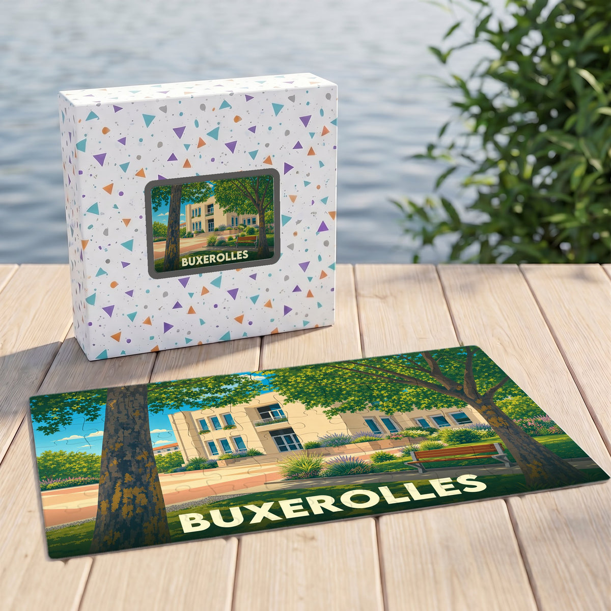 Puzzle souvenir de la ville de Buxerolles illustré par une scène de parc arboré devant un bâtiment public.