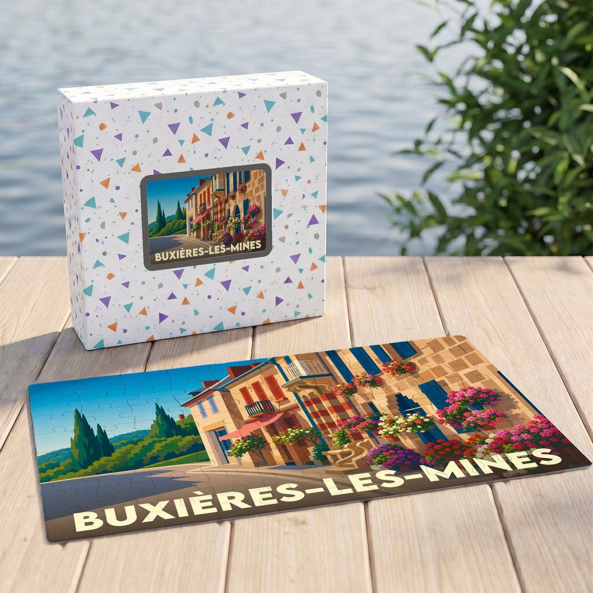 Puzzle souvenir de la ville de Buxières-les-Mines avec une illustration colorée et fleurie d'une rue pittoresque.