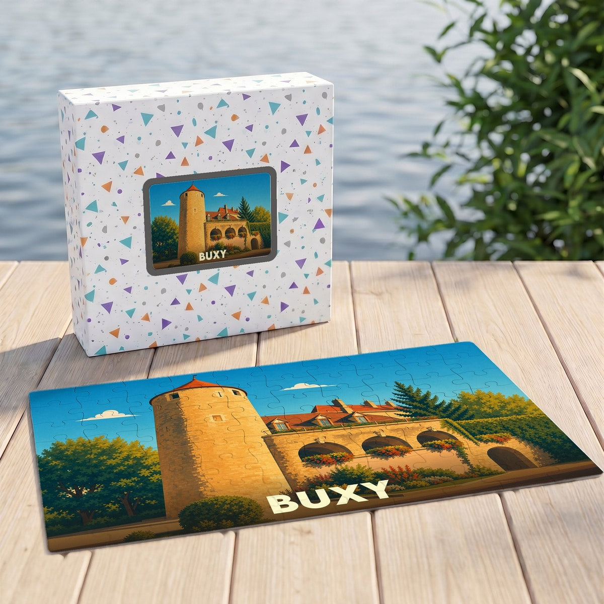 Puzzle souvenir de la ville de Buxy illustrant ses remparts sous un ciel bleu.