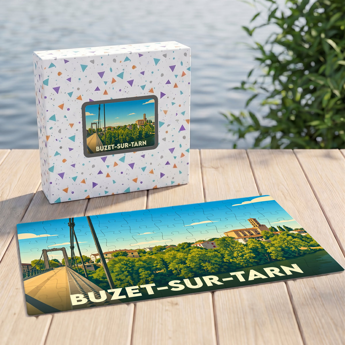 Puzzle souvenir de la ville de Buzet-sur-Tarn avec une illustration stylisée représentant son pont et son église.