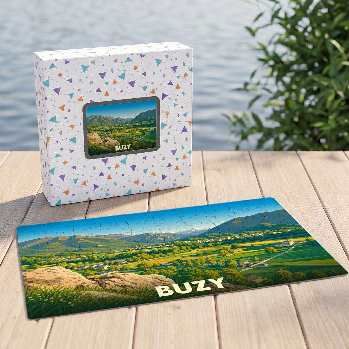 Puzzle souvenir de la ville de Buzy avec une illustration de paysage champêtre.