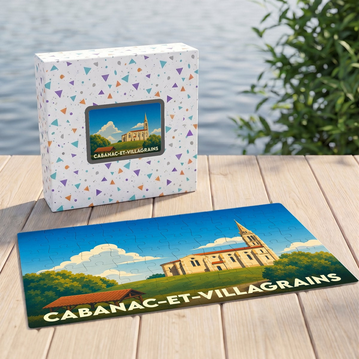 Puzzle souvenir de la ville de Cabanac-et-Villagrains avec une illustration stylisée d'un paysage local.