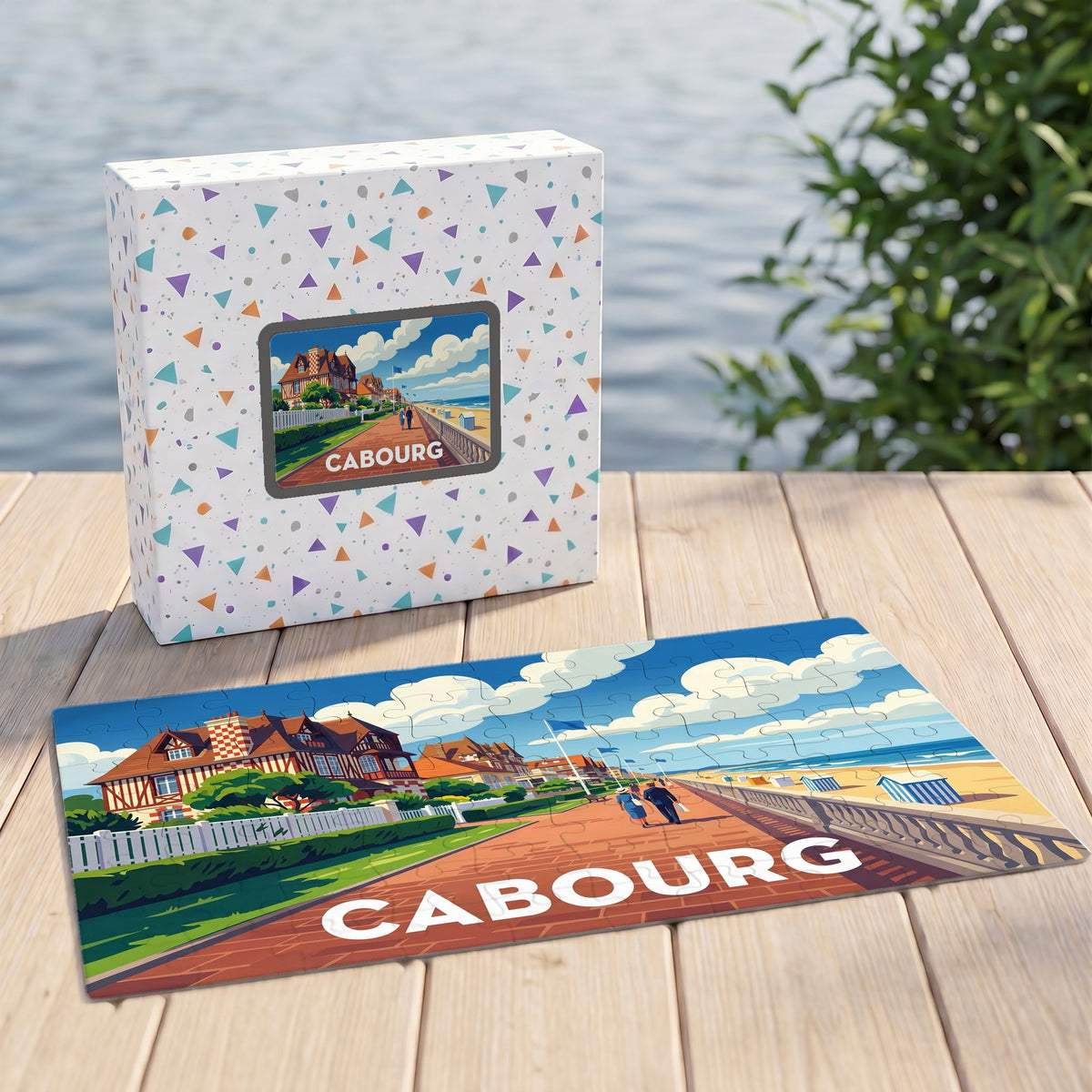 Puzzle souvenir de la ville de Cabourg avec une illustration stylisée de sa promenade maritime.