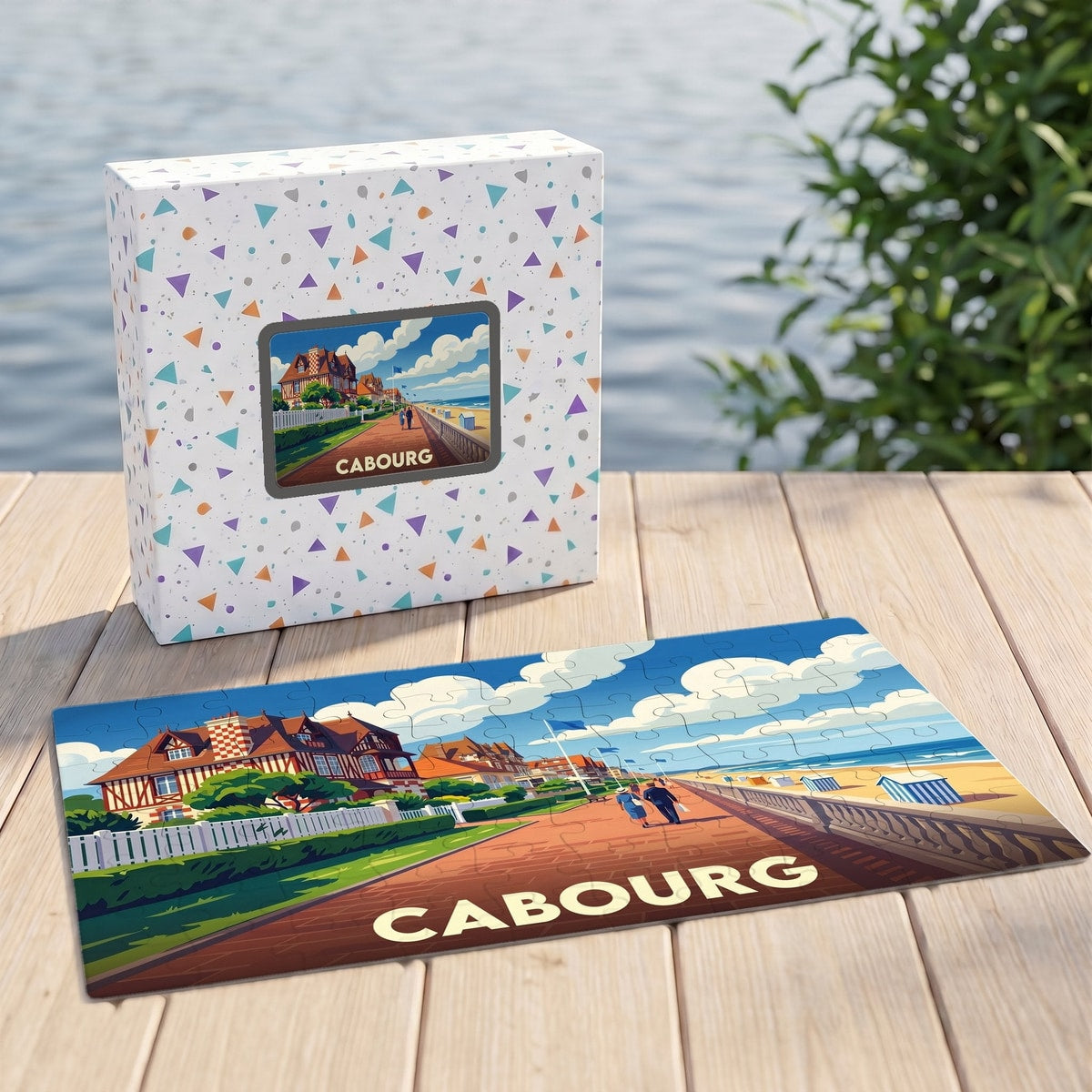 Puzzle souvenir de la ville de Cabourg avec une illustration stylisée de sa promenade maritime.