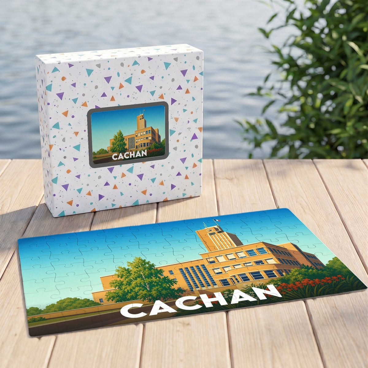 Puzzle souvenir de la ville de Cachan avec une illustration stylisée de son hôtel de ville.