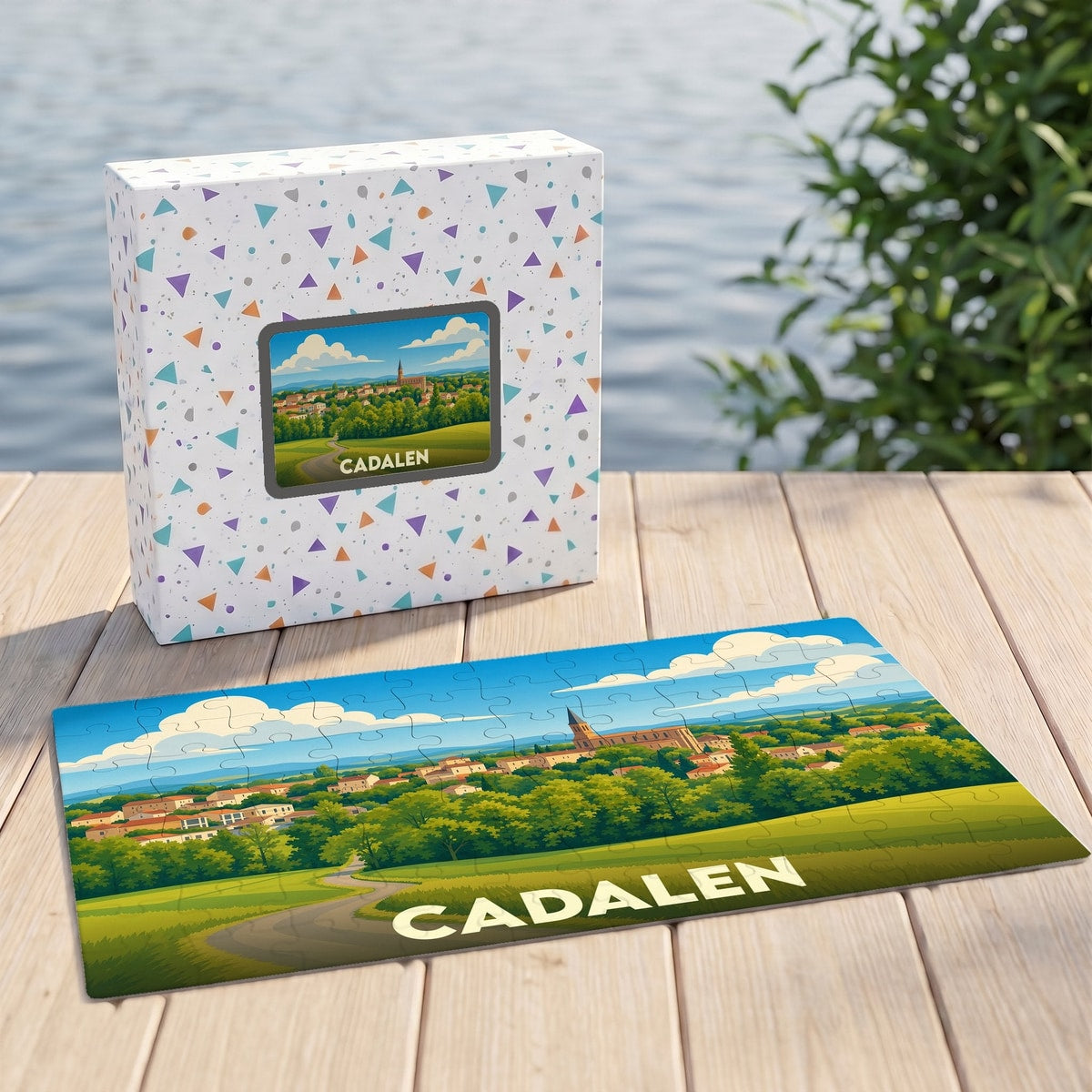Puzzle souvenir de la ville de Cadalen représentant un paysage illustré, accompagné de sa boîte de rangement assortie.